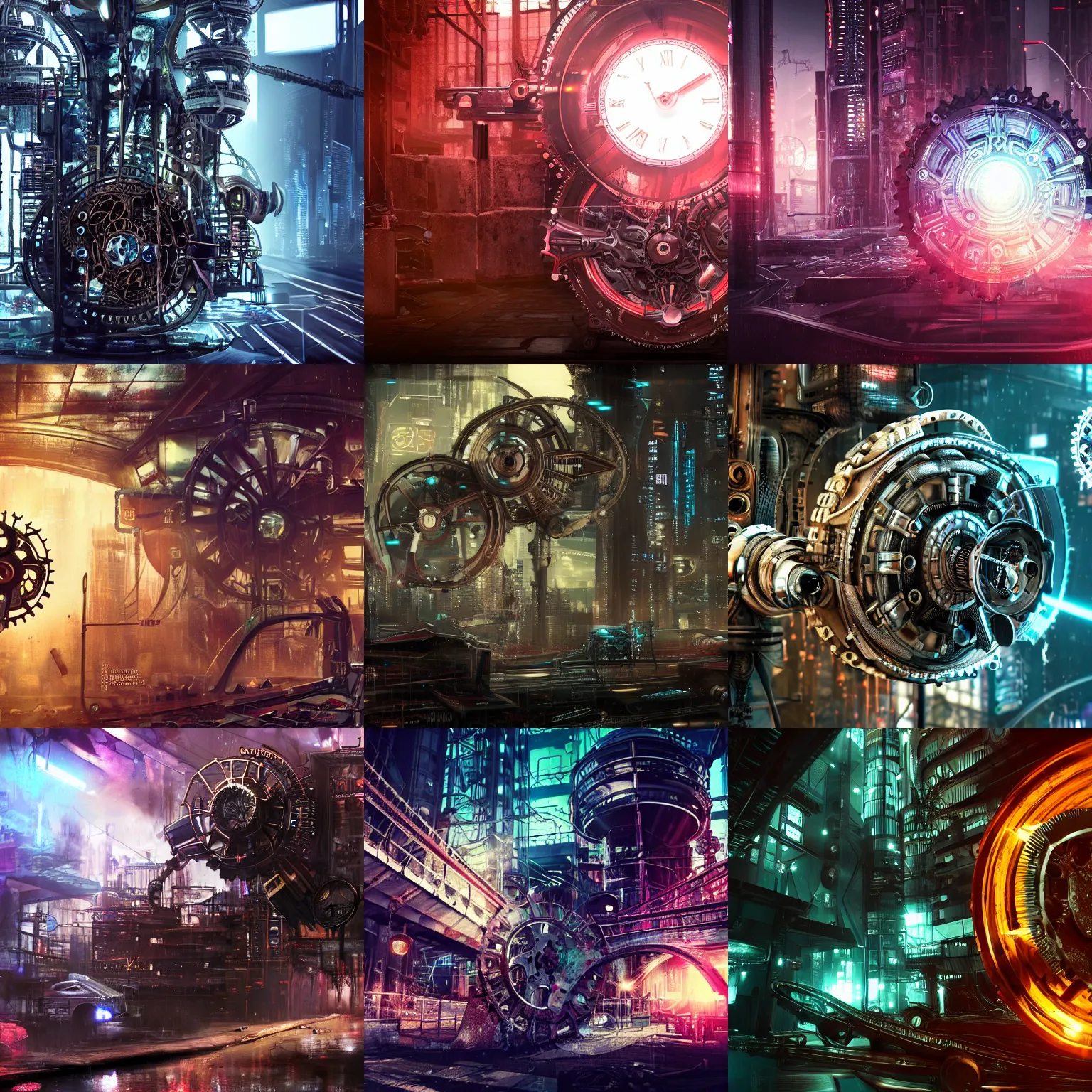 Prompt: Beautiful Photo of the Time Machine. Gear mechanism. Cyberpunk. splatterpunk. 4K