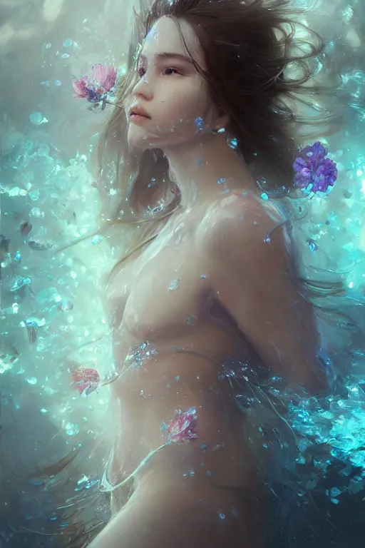 Image similar to face closeup a young beautiful girl drowned in water exploding into electricity, wearing crystal white feathers, 3 d render, hyper realistic detailed portrait, holding magic flowers, ruan jia, wlop. scifi, fantasy, hyper detailed, octane render, concept art, by peter mohrbacher, by wlop, by ruan jia