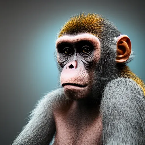 Prompt: Photography of ultra mega super hyper realistic detailed monkey by Hiromasa Ogura . Photo made from 30 meters distance on Leica Q2 Camera, Rendered in VRAY and DaVinci Resolve and MAXWELL and LUMION 3D, Volumetric cyan gold natural light. Wearing cyberpunk suit with many details by Hiromasa Ogura . Photo made from 30 meters distance on Leica Q2 Camera, Rendered in VRAY and DaVinci Resolve and MAXWELL and LUMION 3D, Volumetric cyan gold natural light