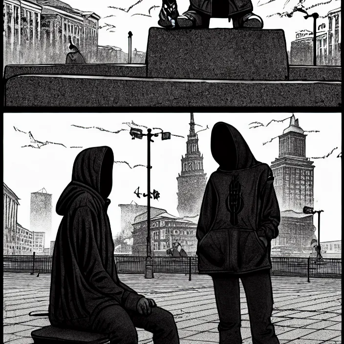 Image similar to storyboard : sadie sink in hoodie sits on bench in ruined square, pedestrians walk by, soviet monument and propaganda posters. scifi cyberpunk. by gabriel hardman. cinematic atmosphere, detailed and intricate, perfect anatomy