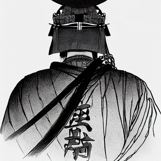 Image similar to A PORTRAIT FROM BEHIND OF A SAMURAI ,THE THE MAN IS WRAPPED IN CHAINS ,detailed, concept art, ink style , sketch