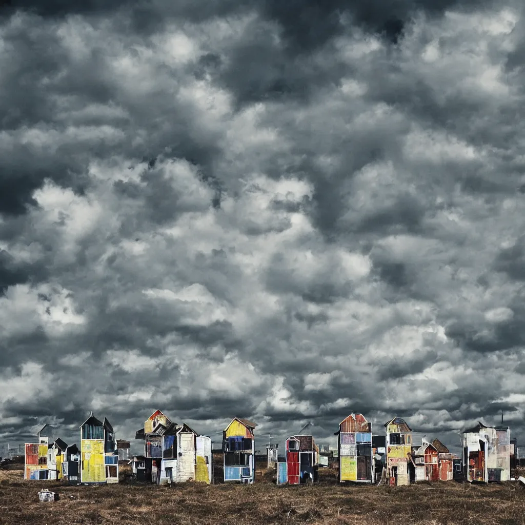 Image similar to close - up towers made up of colourful makeshift squatter shacks, bleached colours, dramatic cloudy sky, dystopia, mamiya, very detailed, ultra sharp, photographed by andy warhol