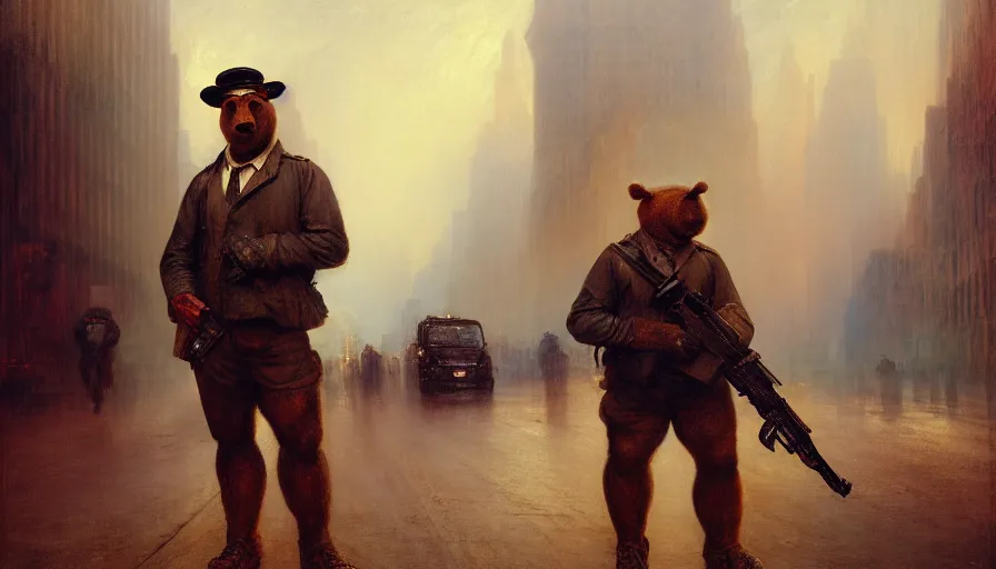 Prompt: highly detailed painting of a humanoid half bear half man pig creature in a nypd uniform, shotgun in hand, streets of nyc, by william turner, by greg rutkowski, by william constable, thick brush strokes and visible paint layers, 4 k resolution