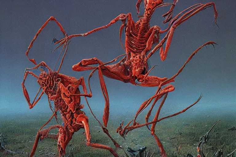 Prompt: ultra-detailed painting by zdzisław beksiński of fiery blood mantis fighting in the battle between blood humans and undead elves in the bone valley, hd, render 8k ,ultra-detailed, hyperrealism, dynamic lighting, realistic photo