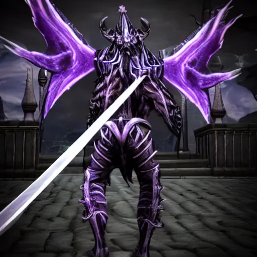 Image similar to demon black blue purple, swords, daggers, unreal engine