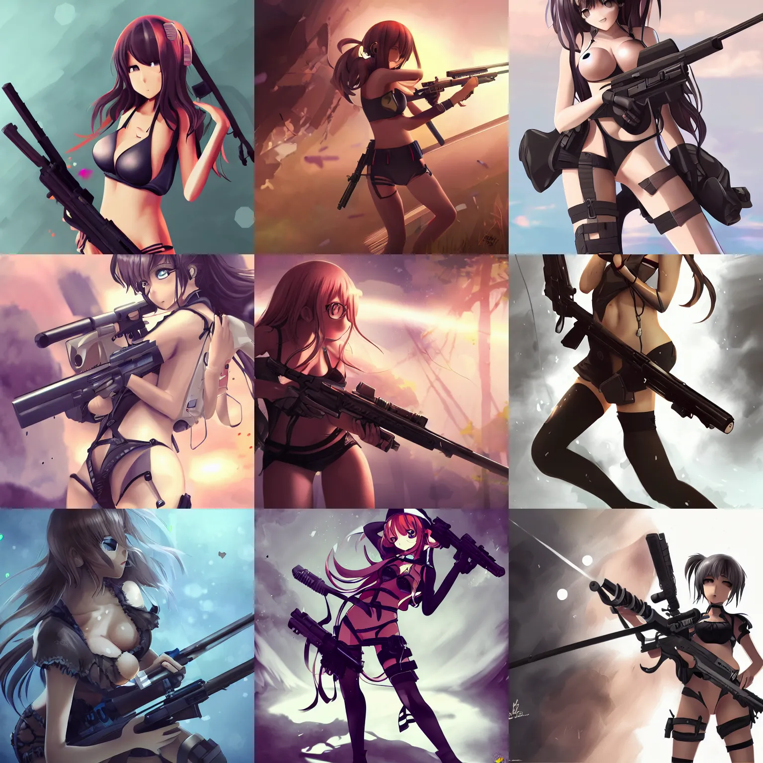 Prompt: anime, full body, cute, female, a cute girl wearing a bikini and holding a sniper rifle, gun fight, light and shadow effects, highly detailed, digital painting, art station, sharp focus, illustration, concept art, advanced digital anime art