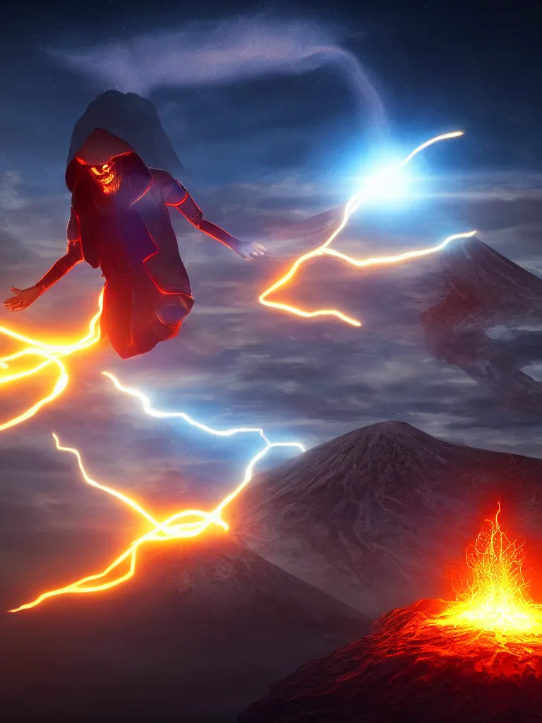 Image similar to levitating cybertronic wizard, opening a shining portal, night sky, horizon of an erupting volcano, 4 k, ultra realistic, detailed, epic lighting, high detail, masterpiece, trending on artstation