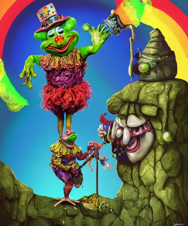 Image similar to clown frog king pulls the sword from the stone, clown frog king wearing clown makeup and rainbow wig, clown crown artwork by Glenn Fabry, rendering by Beeple