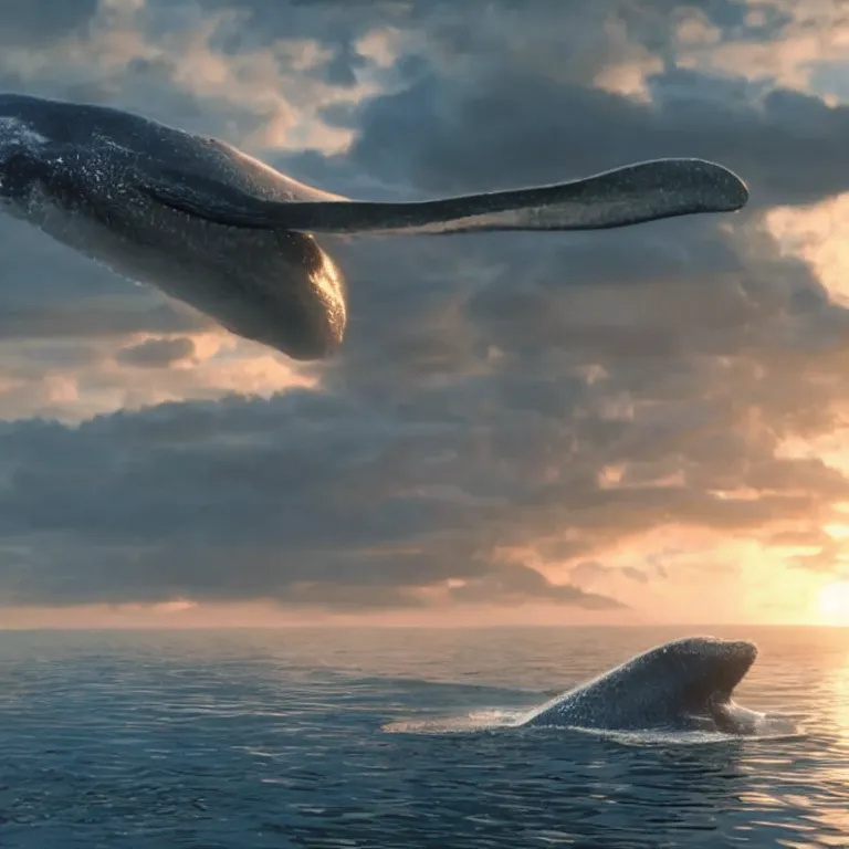 Prompt: vfx shot by weta digital and industrial light and magic ilm, a stunning beautiful blue whale made out of shiny reflective dripping liqud chrome flying in the sky through fluffy giant sunset clouds, octane render, cinema 4 d, ray traced lighting, very short depth of field, bokeh