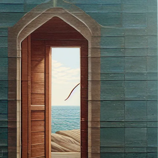 Prompt: a gust of sea air pushed open the door by jeffrey smith, oil on canvas