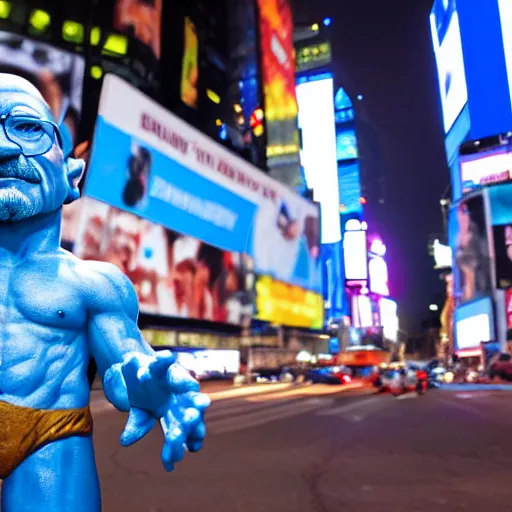 Image similar to a photograph of a very detailed renaissance sculpture of walter white as a smurf in times square, made by michelangelo, from the distance, hyper detailed, sharp focus, 8 k resolution, ray tracing