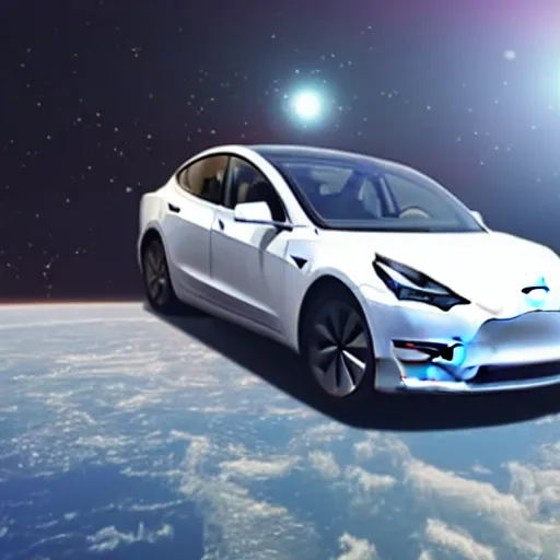 Prompt: tesla model 3 floating in space