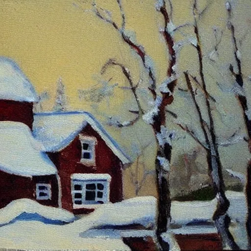 Prompt: “ a painting of a little cottage in the snow, 1 9 2 0 s painting by famous artists. ”