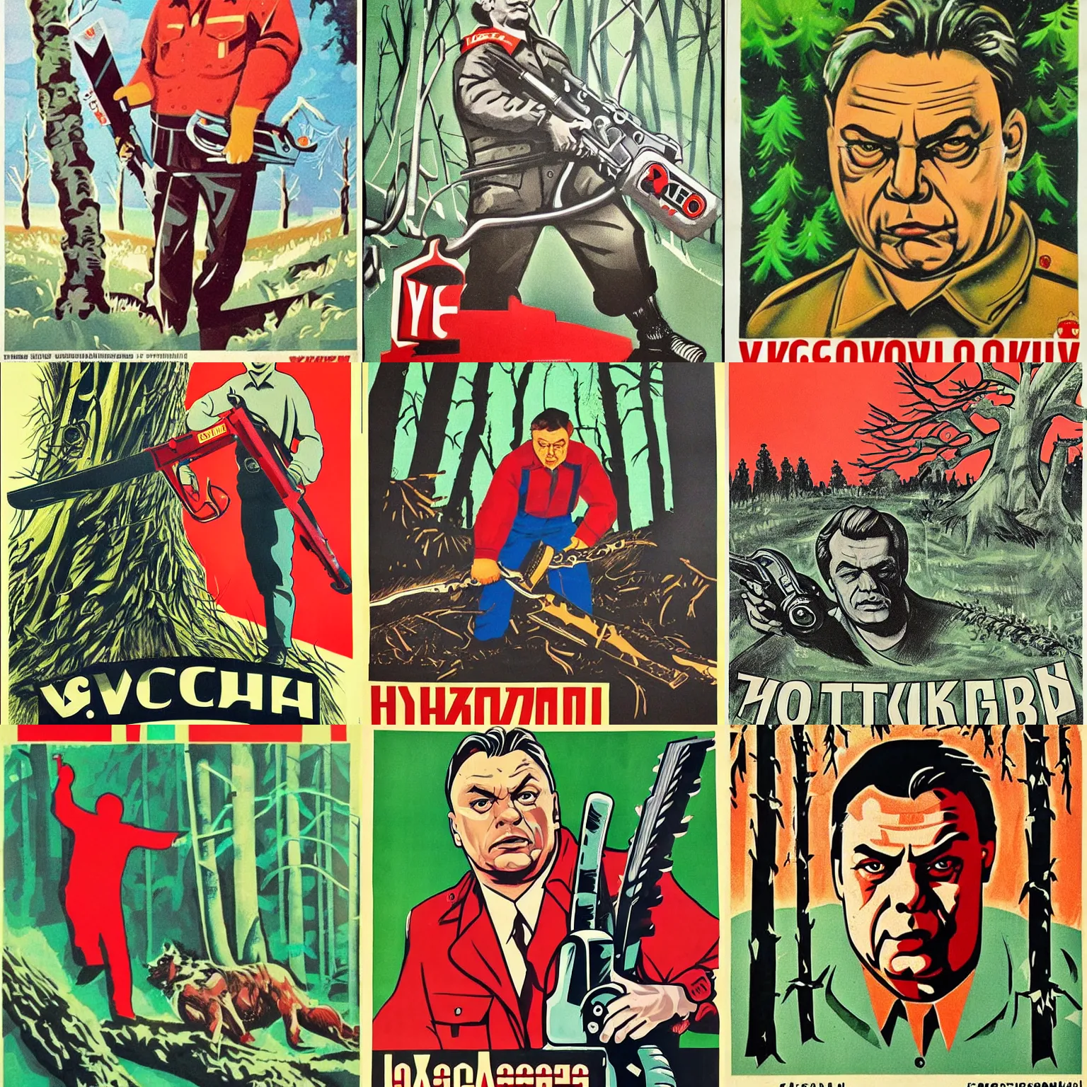 Prompt: soviet propaganda poster of viktor orban chainsaw in a forest, highly detailed face