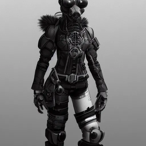 Prompt: RPG character concept art, cyberpunk furry, in the style of Leticia Gillett Hiroya Oku Riyoko Ikeda, 3d render, artstation trending, 8k, octane render, photorealistic, sharp detail, manga, black and white