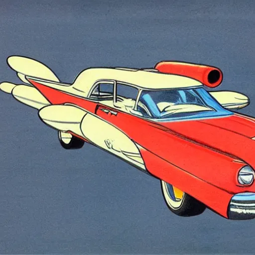 Prompt: a 5 0 s color pencil product design concept drawing of a flying cadillac car model with wings and a back thruster