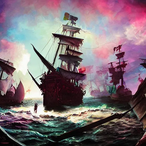 Image similar to undead pirates sailing the flying dutchman, beautiful composition, wide angle, colorful, cinematic, volumetric lighting, intricate details painting