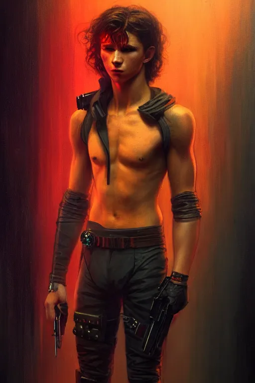 Image similar to character portrait cyberpunk blade runner 2 0 4 9 tom holland, character design, painting by gaston bussiere, katsuya terada, frank frazetta, tom of finland, trending on artstation