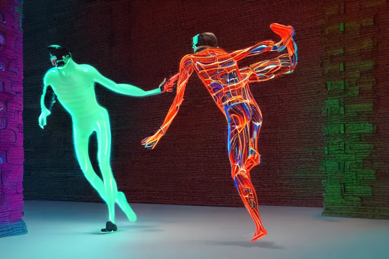 Image similar to full body, alan turing wrestling with agent smith, sculpture by auguste rodin, multicolored glowing tubes, glowing digital eyes, 8 k, front shot, symetrical, flourescent colors, halluzinogenic, multicolored, insanely detailed, 3 d render, octane