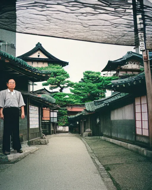 Image similar to a lomographic photo of old pacific rim ( 2 0 1 3 ) jaeger, standing in typical japanese yard in small town, hikone on background, cinestill, bokeh