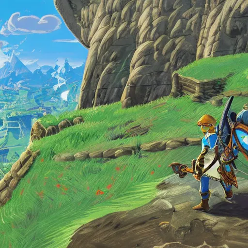 Image similar to detailed scenery from the legend of zelda breath of the wild, breath of the wild art style.
