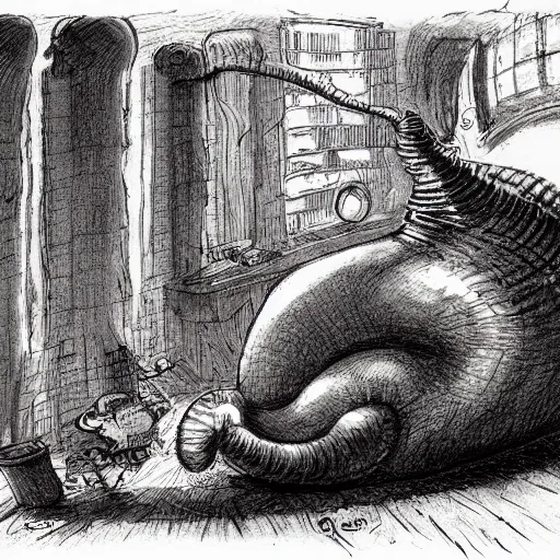 Prompt: giant slug runs amuck in hogwart lab, by jean - baptiste monge