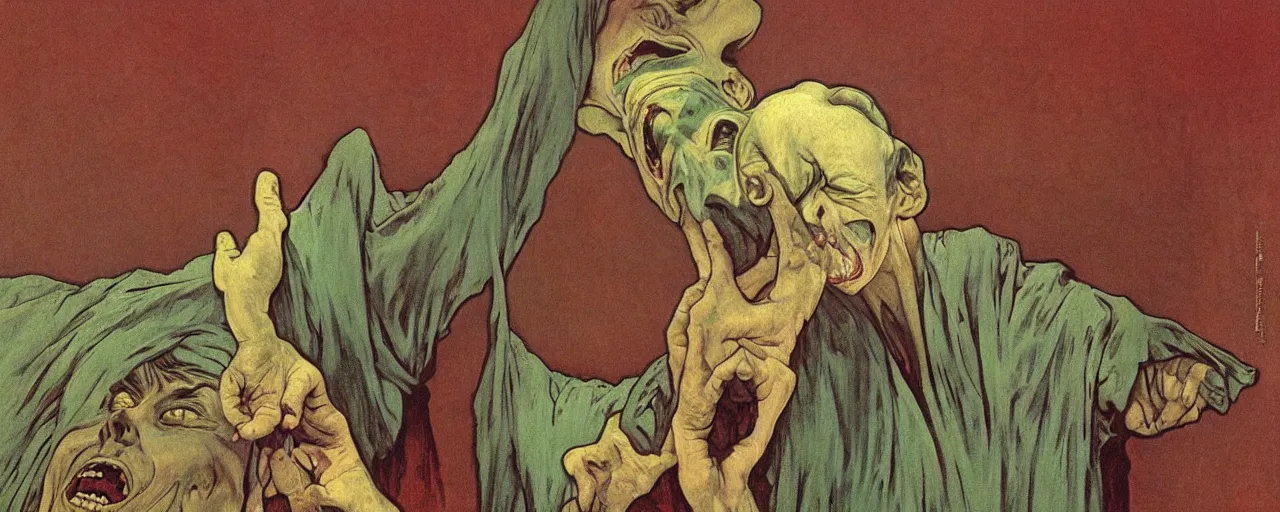 Image similar to vintage color footage contorted exaggerated melodramatic exorcism scared priest, wide open mouth in terror, crying figures inside mental hospital by zdzisław beksinski and alphonse mucha, ( ( ( ( ( ( ( makoto shinkai raphael lacoste martin deschambault finnian macmanus artstationhq iamag