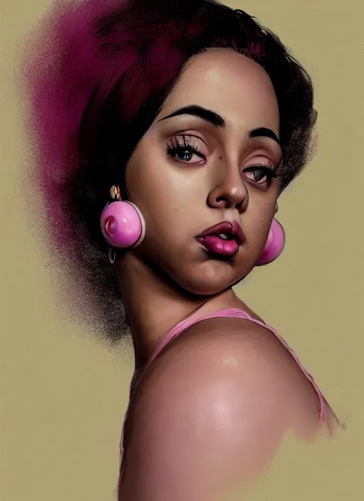 Image similar to full body portrait, teenage vanessa morgan, pink hair, obese, curly pixie hair, sultry, realistic, short hair, hoop earrings, skirt, shirt, fat, belly, black girl, intricate, elegant, highly detailed, digital painting, artstation, concept art, smooth, sharp focus, illustration, art by wlop, mars ravelo and greg rutkowski