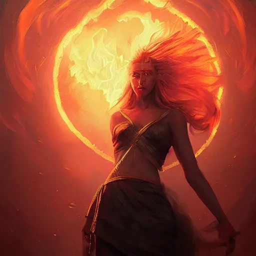 Image similar to a beautiful portrait of a fire goddess with closed eyes by greg rutkowski and raymond swanland, trending on artstation, flaming background, ultra realistic digital art