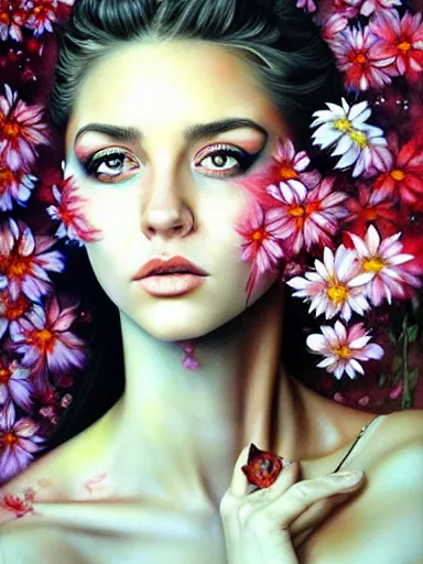 Image similar to portrait of lyndsey scott with a floral background : : painted by artgerm, karol bak, artur bordalo, sandra chevrier : : portrait, character, illustration, hyperrealism, photorealism