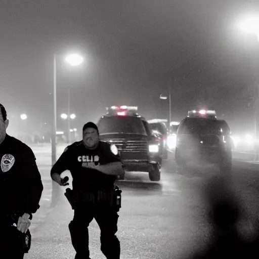 Image similar to Ted Cruz with a wide grin being chased down by multiple police officers, black and white, creepy lighting, foggy atmosphere, scary, horror, ornate, eerie, fear