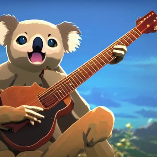 Image similar to Koala playing a guitar, by Miyazaki Nausicaa Ghibli, breath of the wild style, epic composition Trending on Artstation, octane render, Insanely Detailed, 8k, HD