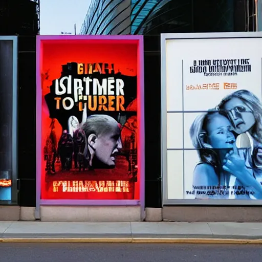 Image similar to 'poster billboards on the outside of a modern movie theater'