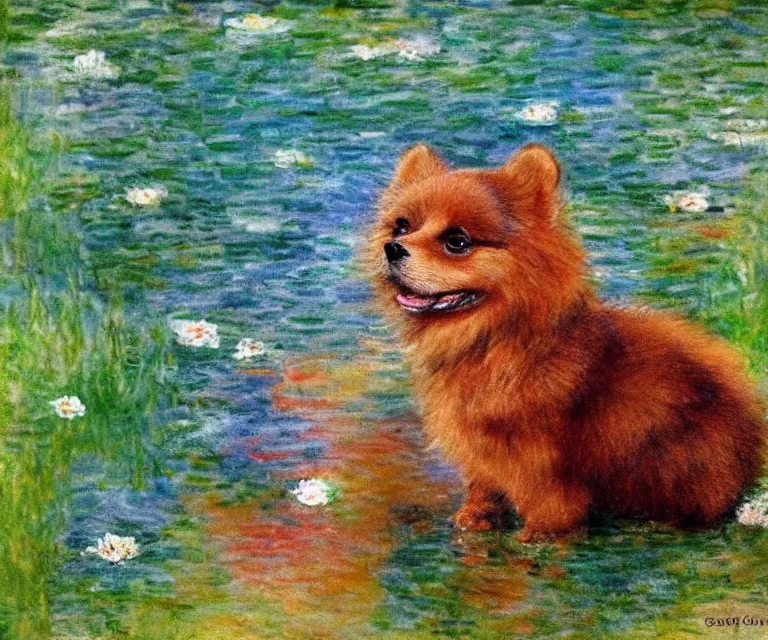 Image similar to brown pomeranian, cute, monet, water painting