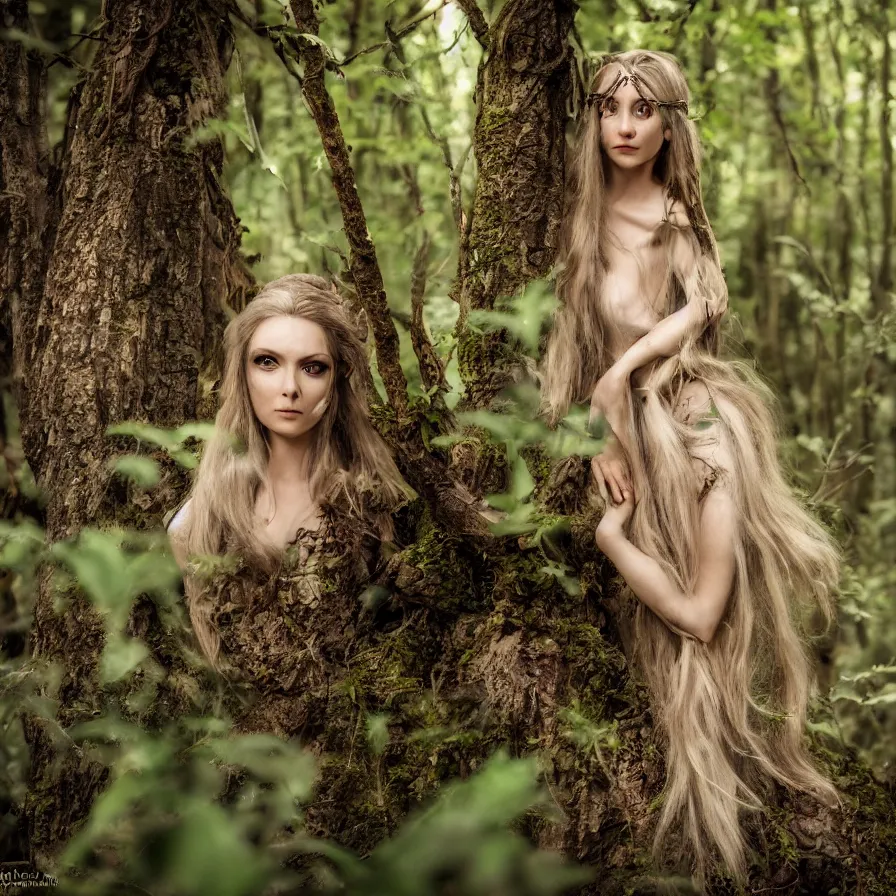 Image similar to A portrait of a beautiful and dangerous Elven Queen in her forest; natural light; f/1.4; 90mm