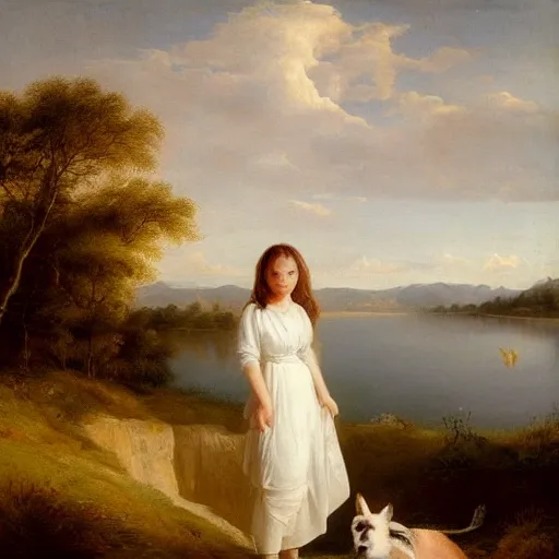 Image similar to a beautiful girl with a beautiful face wearing white dress, a dog, john martin landscape, lake, evening