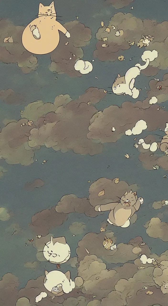 Prompt: fat cat falling from the sky, screenshot from the film by studio ghibli, trending on arstation