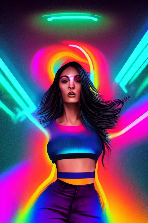 Image similar to a award winning half body portrait of a beautiful woman with stunning eyes in a croptop and cargo pants with rainbow colored ombre hairstyle head in motion and hair flying by thomas danthony, outlined by whirling illuminated neon lines, outrun, vaporware, shaded flat illustration, digital art, trending on artstation, highly detailed, fine detail, intricate