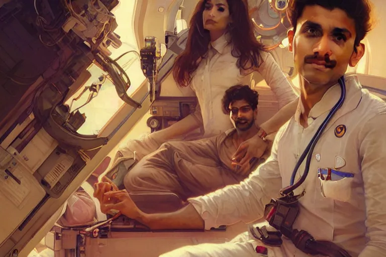 Image similar to Sensual good looking pale young Indian doctors wearing jeans in a space station above Earth performing surgery, portrait, elegant, intricate, digital painting, artstation, concept art, smooth, sharp focus, illustration, art by artgerm and greg rutkowski and alphonse mucha