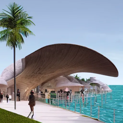 Image similar to architectural renderings, a seaside visitor center consisting of three mushroom - shaped buildings on the blue sea with tall coconut trees ， detailed