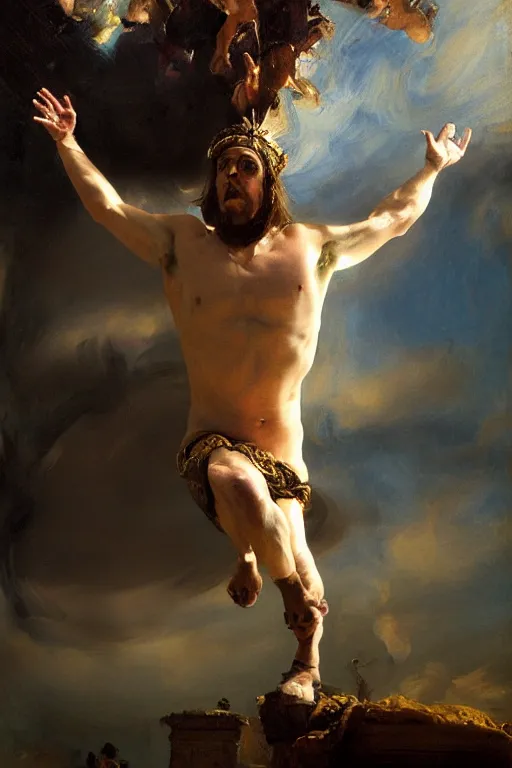 Image similar to beautiful detailed expressive impressionistic oil painting portrait of ancient roman god emperor steve buscemi levitating, ascending into the dark wearing the civic crown, renaissance painting, black background, art by anders zorn, wonderful masterpiece by greg rutkowski, expressive brush strokes, beautiful cinematic light, american romanticism by greg manchess, jessica rossier