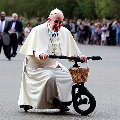 Prompt: the pope riding a childs tricycle