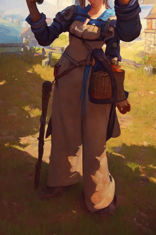 Image similar to a portrait of a cute female medieval peasant, rustic setting, overwatch art team, action pose, vivid colors, soft lighting, atmospheric, cinematic, moody, splash art in the style of ilya kuvshinov and range murata, oil on canvas, 8 k