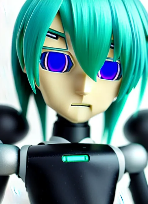 Image similar to Close-up portrait of an anime style android, robot made of anime figurine, sea-green hair and blue eyes, polycarbonate plastics, fiber-optics, fine joints, cute, wholesome, award-winning robotics