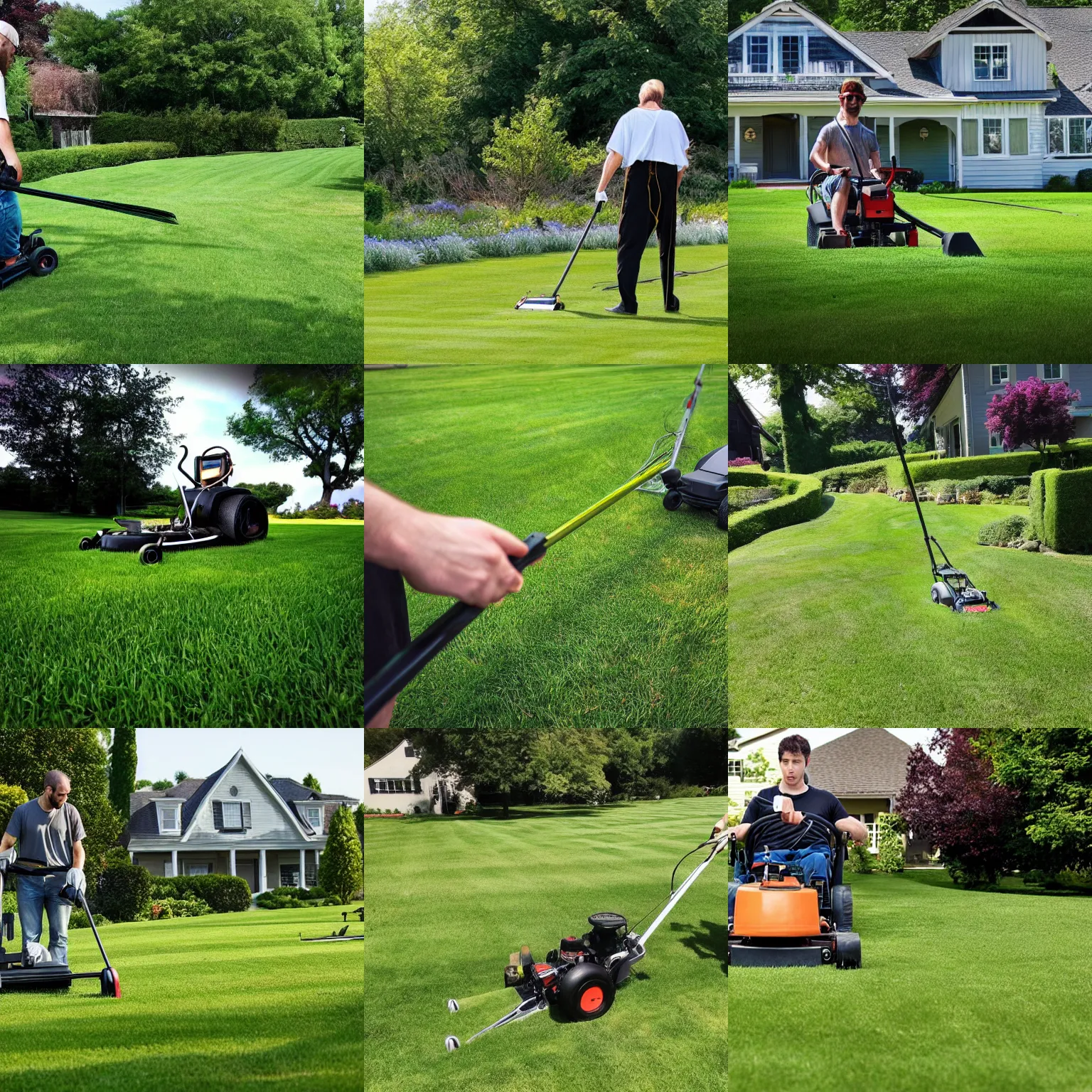 Prompt: <photo quality=hd+ mode=attention-grabbing>Voldemorte mowing the lawn</photo>