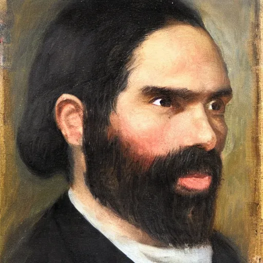 Image similar to A portrait of a man. He has black hair, a black beard, oil painting