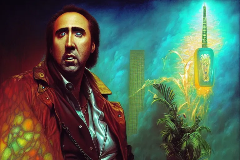 Image similar to nicolas cage in “ miami vice ” artwork, 4 k digital art, neon, 8 0's style tomasz alen kopera, peter mohrbacher, donato giancola, ilya repin, drew struzan