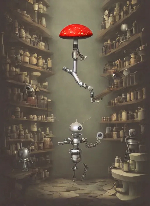 Image similar to a lively and whimsical apothecary where chrome robots shop grows from the stalk of a giant mushroom, cgsociety, siggraph, dystopian scifi, concept art, set design, oleg oprisco, conrad roset, anka zhuravleva, gediminas pranckevicius