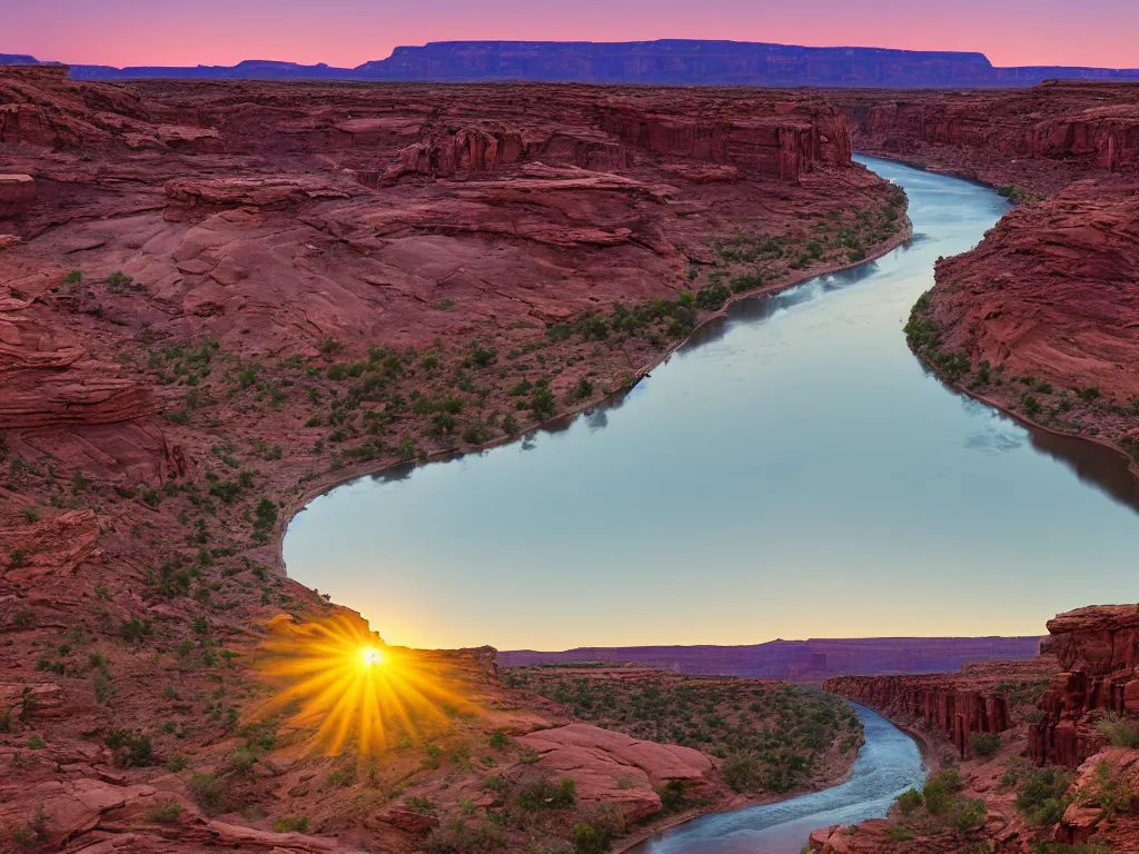 Image similar to “a river bend running through a canyon surrounded by desert mountains at sunset, moab, utah, a tilt shift photo by Frederic Church, trending on unsplash, hudson river school, photo taken with provia, national geographic photo”