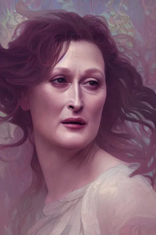 Prompt: painted closeup portrait of meryl streep, feminime, young, charming, majestic, athletic, fantasy, intricate, elegant, extremely detailed digital painting, trending artstation, concept art, sharp focus illustration art by alphonse mucha, greg rutkowski, craig mullins